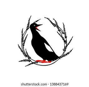 Hand drawn floral wreath with black guillemot made in vector. Beautiful animal design elements, ink drawing, logo template