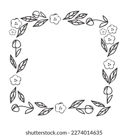 Hand drawn floral wreath. Botanical frames of wild flowers, herbs, branches for wedding decoration, design projects. Vector illustration.