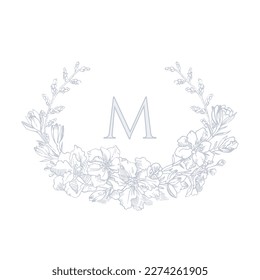 Hand drawn floral wreath. Graphic element for wedding invitations, business sign, cafes.