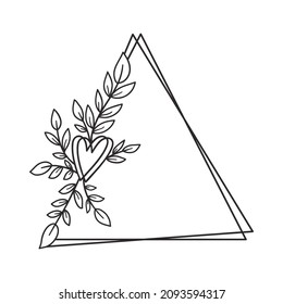 Hand drawn floral wreath with heart and leaves. Triangle botanical frame for monogram, wedding logo, invitation, postcard, and more. Vintage ornament vector illustration isolated on white background.