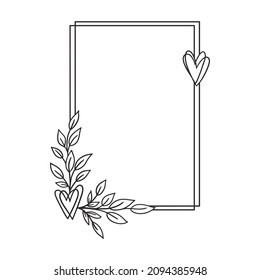 Hand Drawn Floral Wreath With Heart And Leaves. Rectangle Botanical Frame For Monogram, Wedding Logo, Invitation, Postcard, And More. Vintage Ornament Vector Illustration Isolated On White Background.