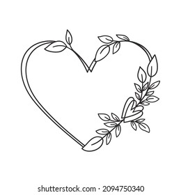 Hand drawn floral wreath with heart and leaves. Laurel botanical frame for monogram, wedding logo, invitation, postcard, and more. Vintage ornament vector illustration isolated on white background.