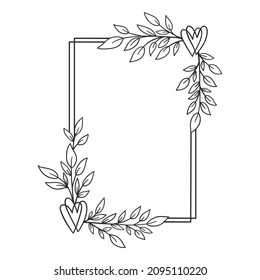 Hand drawn floral wreath with heart and leaves. Rectangle botanical frame for monogram, wedding logo, invitation, postcard, and more. Vintage ornament vector illustration isolated on white background.