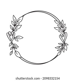 Hand drawn floral wreath with heart and leaves. Circle botanical frame for monogram, wedding logo, invitation, postcard, and more. Vintage ornament vector illustration isolated on white background.