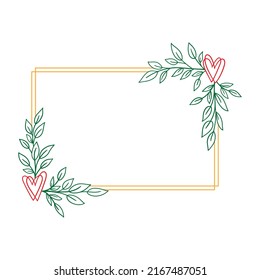 Hand Drawn Floral Wreath With Heart And Leaves. Rectangle Botanical Frame For Monogram, Wedding Logo, Invitation, Postcard, And More. Vintage Ornament Vector Illustration Isolated On White Background.