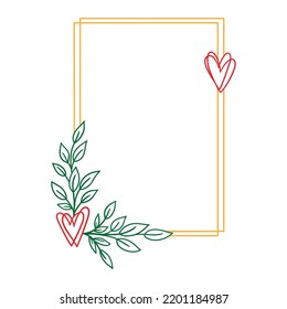 Hand Drawn Floral Wreath With Heart And Leaves. Rectangle Botanical Frame For Monogram, Wedding Logo, Invitation, Postcard, And More. Vintage Ornament Vector Illustration Isolated On White Background.