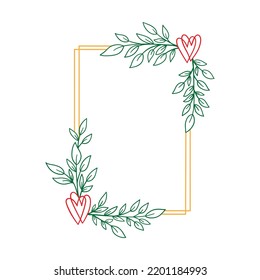 Hand Drawn Floral Wreath With Heart And Leaves. Rectangle Botanical Frame For Monogram, Wedding Logo, Invitation, Postcard, And More. Vintage Ornament Vector Illustration Isolated On White Background.