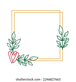 Hand drawn floral wreath with heart and leaves. Square botanical frame for monogram, wedding logo, invitation, postcard, and more. Vintage ornament vector illustration isolated on white background.
