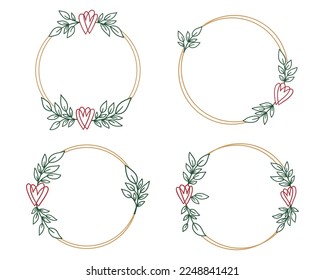 Hand drawn floral wreath with heart and leaves collection. Circle botanical frames for monogram, wedding logo, invitation, postcard, and more. Vintage ornament vector illustrations isolated..