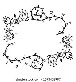 Hand drawn floral wreath for invitations, greeting cards, posters, text. Vector frame with leaves, flowers. Border.