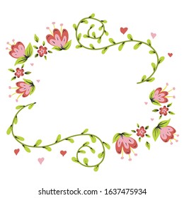 Hand drawn floral wreath for invitations, greeting cards, posters, text. Vector frame with leaves, flowers. Border.