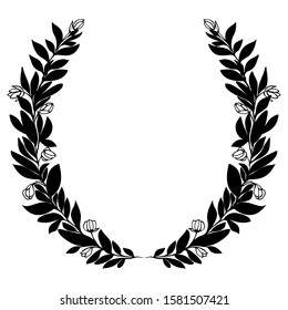 Hand drawn floral wreath with leaves and buds. Black and white botanical drawing. Silhouette wreath. Vector illustration. 