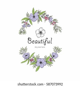 Hand drawn floral wreath with leaves, flowers. Creative decorative elements. Perfect for wedding, birthday, save the date invitations, wrapping, craft, digital creations such as card template designs.