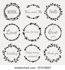 Hand drawn floral wreath with lettering Wedding, Love, Save the Date, Thank you. Boho style design elements for invitations, greeting cards, quotes, blogs, posters. Vector illustration