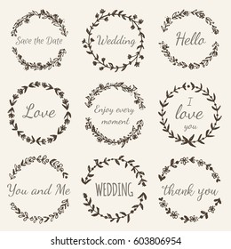 Hand drawn floral wreath with lettering Wedding, Love, Save the Date, Thank you. Boho style design elements for invitations, greeting cards, quotes, blogs, posters. Vector vintage illustration