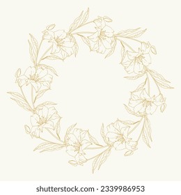 Hand drawn floral wreath from lilies on stems with leaves. Design element for wedding, engagement invitations. Vintage retro style frame for beauty concept.