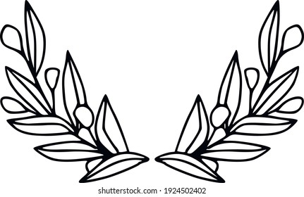 Hand drawn floral wreath. Line art illustration for branding, logo, wedding invitations, wall art. Black contour isolated on white. Vector frame from leaves. Decorative element for design