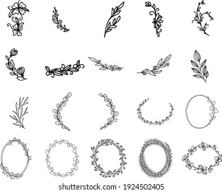 Hand drawn floral wreath. Line art illustration for branding, logo, wedding invitations, wall art. Black contour isolated on white. Vector frame from leaves. Decorative element for design