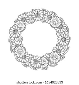 Hand Drawn Floral Wreath. Outline Composition With Beauty Flowers And Leaves. Monochrome Vector Illustration For Antistress Coloring Page. Black And White Doodle.  