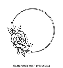 Hand drawn floral wreath. Outline drawing. Line vector illustration. Floral frame for wedding, invitation, greeting card.