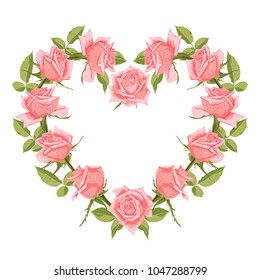 Hand drawn floral wreath with roses in shape of heart isolated on white.Beautiful background with cute flowers.Decorative element for invitations, greeting cards, badges and etc.Vector Illustration.