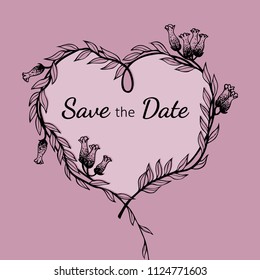 Hand drawn floral wreath in shape of heart for Valentine Day and wedding design. Vector illustration.