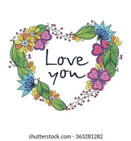 Hand drawn floral wreath in the shape of heart. Spring elements. Vector illustration in doodle, zentangle tribal style for greeting card, tattoo or t-shirt. Spring elements.