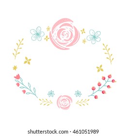 Hand drawn floral wreath with small flowers, rose and branches. Circle frame with copyspace isolated om white background.