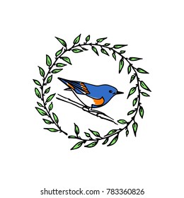 Hand drawn floral wreath with a small bird made in vector. Beautiful floral design elements, ink drawing, logo template