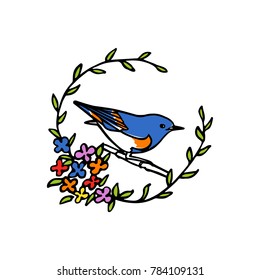 Hand drawn floral wreath with a small bird made in vector. Beautiful floral design elements, ink drawing, logo template