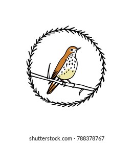 Hand drawn floral wreath with a small bird made in vector. Beautiful floral design elements, ink drawing, logo template