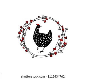 Hand drawn floral wreath with speckled hen made in vector. Beautiful floral design elements, ink drawing, logo template