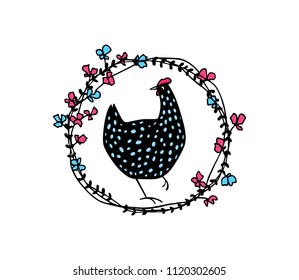 Hand drawn floral wreath with speckled hen made in vector. Beautiful floral design elements, ink drawing, logo template