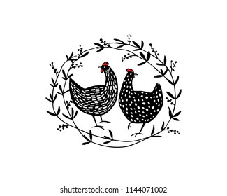 Hand drawn floral wreath with speckled hens made in vector. Beautiful floral design elements, ink drawing, logo template