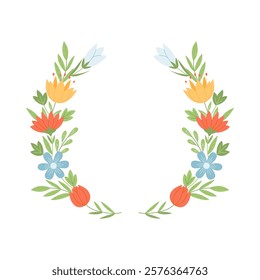 Hand drawn floral wreath with spring wild flowers. Cute floral round for invitation, wedding, greeting cards