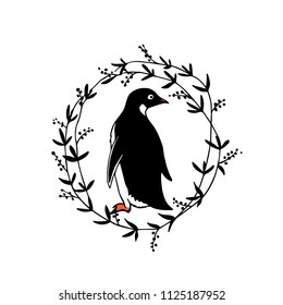 Hand drawn floral wreath withcute penguin made in vector. Beautiful floral design elements, ink drawing, logo template