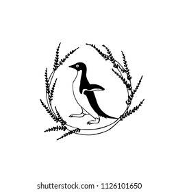 Hand drawn floral wreath withcute penguin made in vector. Beautiful floral design elements, ink drawing, logo template