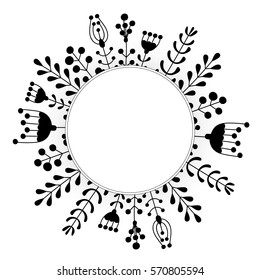  Hand drawn floral wreaths with leaves, flowers, berries. Vector round frames. Decorative elements for design.