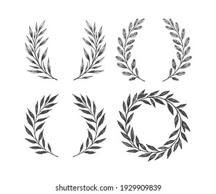 Hand drawn floral wreaths set. Vector round botanical frames and laurels