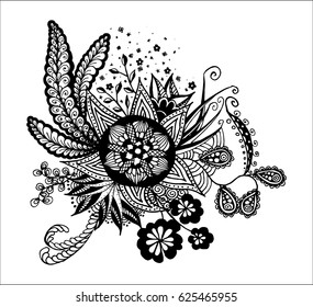 Hand Drawn Floral Zentdoodle. Zentangle Element for Postcard, Greeting Card or Banner. Black Floral Motif on White Background. Scanned Drawing with Scribbled Lines Traced to Vector