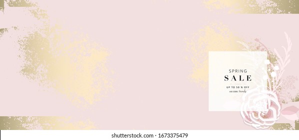 Hand drawn florals on chic blush pink gold rustic  background for social media, advertising, banner, invitation card, wedding, fashion header