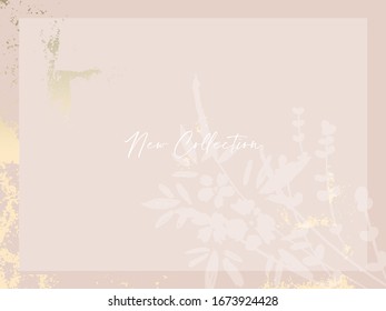 Hand drawn florals on chic blush pink gold rustic  background for social media, advertising, banner, invitation card, wedding, fashion header