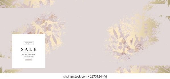 Hand drawn florals on chic blush pink gold rustic  background for social media, advertising, banner, invitation card, wedding, fashion header