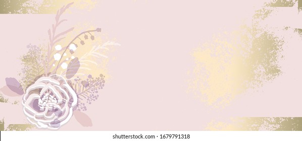 Hand drawn florals on chic blush pink gold rustic  background for social media, advertising, banner, invitation card, wedding, fashion header