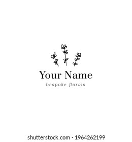 Hand drawn florals, vector minimalistic logo template with small garden flowers. For branding and business identity, social media clipart. Simple elegant illustration, isolated object.