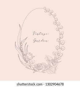 Hand Drawn Floristic Feminine Brand Logo Template, Frame with Delicate Rose Flowers, Branches, Plants. Decorative Outlined Vector Illustration. Floral Design Element.