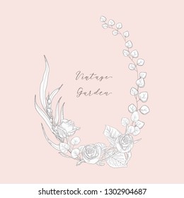 Hand Drawn Floristic Feminine Brand Logo Template, Frame with Delicate Rose Flowers, Branches, Plants. Decorative Outlined Vector Illustration. Floral Design Element.