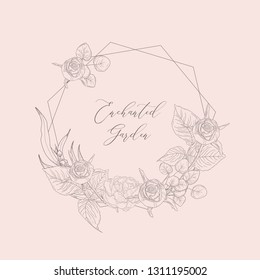 Hand Drawn Floristic Feminine Brand Logo Template, Geometric Frame with Delicate Rose Flowers, Branches, Plants. Decorative Outlined Vector Illustration. Floral Design Element.