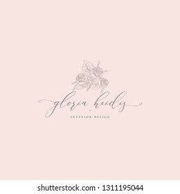 Hand Drawn Floristic Feminine Brand Logo Template with Delicate Rose Flowers, Branches, Plants. Decorative Outlined Vector Illustration. Floral Design Element.