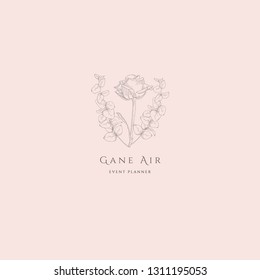 Hand Drawn Floristic Feminine Brand Logo Template with Delicate Rose Flowers, Branches, Plants. Decorative Outlined Vector Illustration. Floral Design Element.